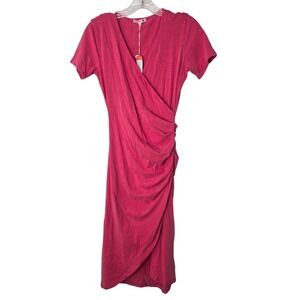 SUNDRY Sz 4 Pigment Poppy Side Ruched Vneck Jersey Knit Stretchy Dress Essential